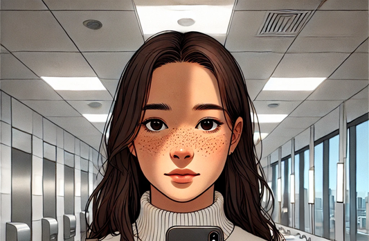 An illustration of Sue, a young woman, standing in a corporate office bathroom. She has freckles on her cheeks and a slightly upturned nose. Sue is holding a smartphone, taking a selfie, with a shy and introspective expression.