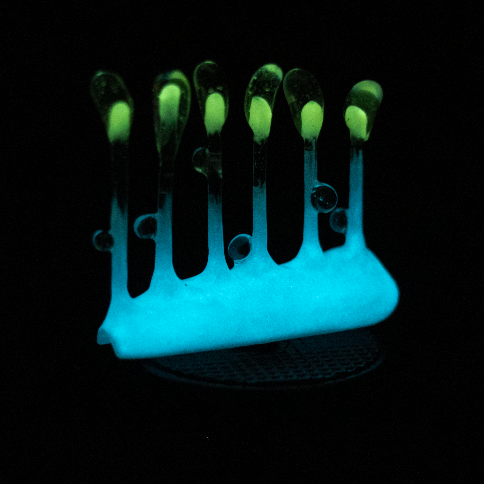 A handmade, glow-in-the-dark press-on nail inspired by lava lamps, with flowing shapes resembling nudibranchs under UV light.